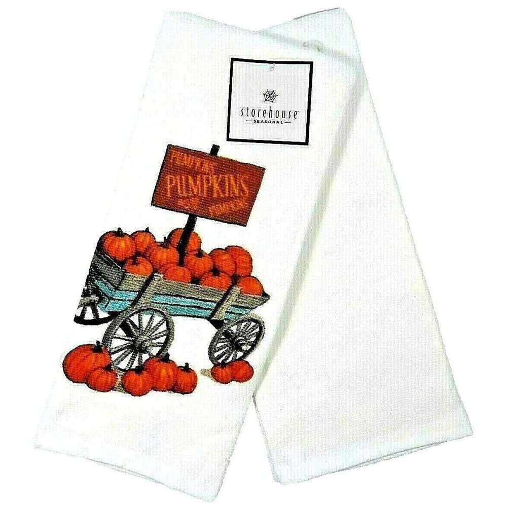 Blue Country Wagon Pumpkin Kitchen Towels Autumn Harvest 2-Pc Cotton Holiday
